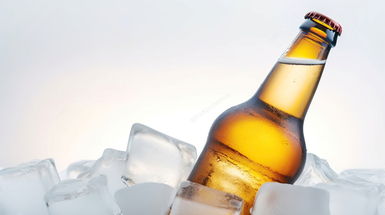 cold bottle of beer sitting on ice