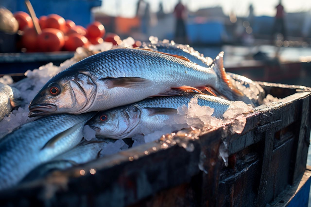 Freshly caught fish in crates with ice