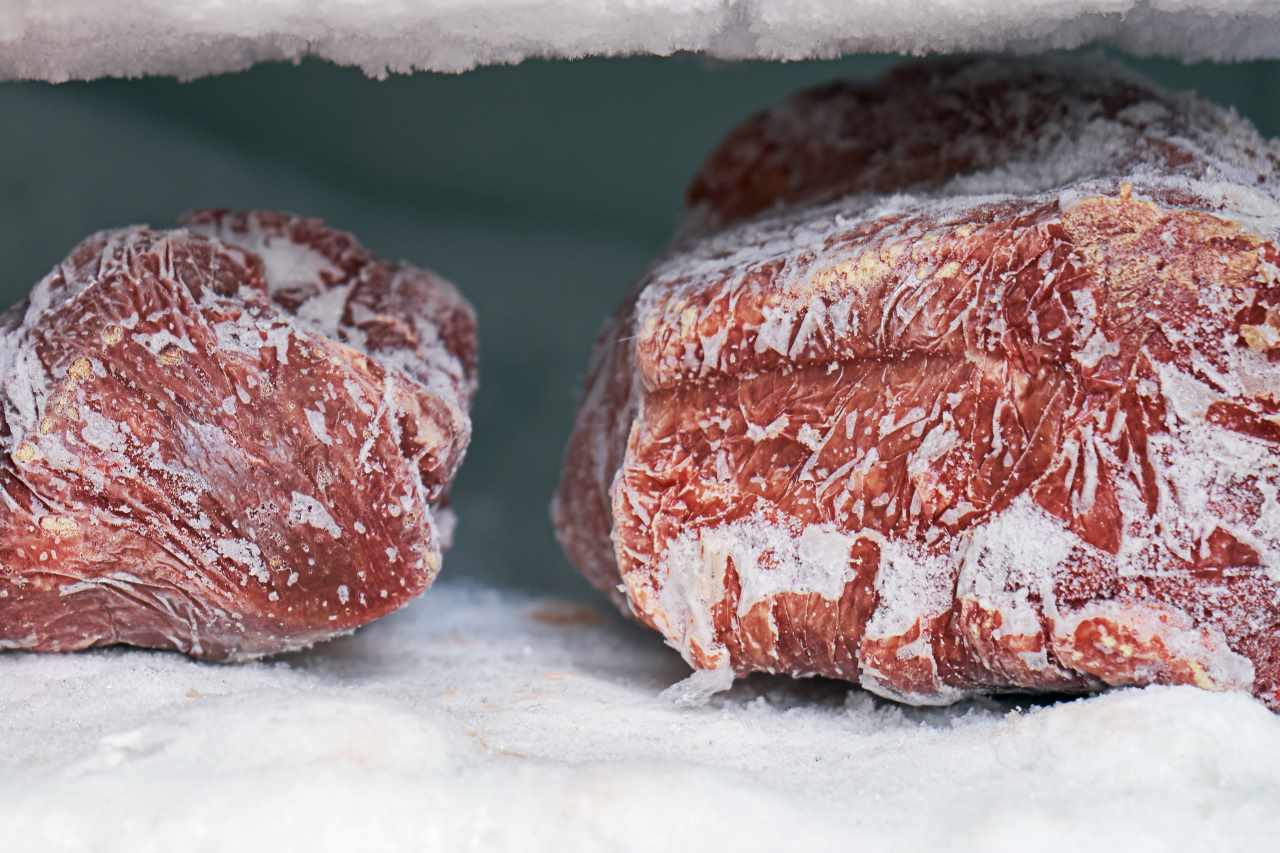 meat frozen inside a freezer