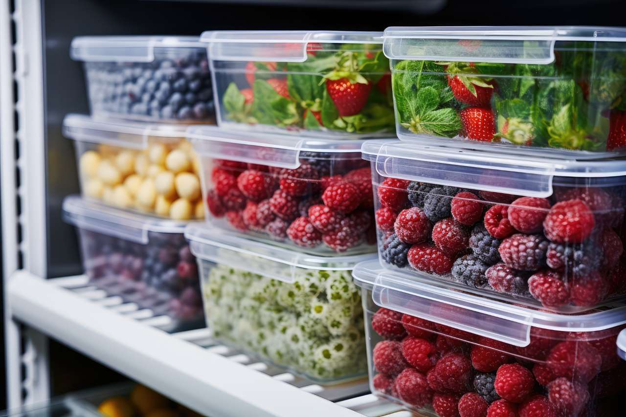 Plastic containers hold fruits and vegetables