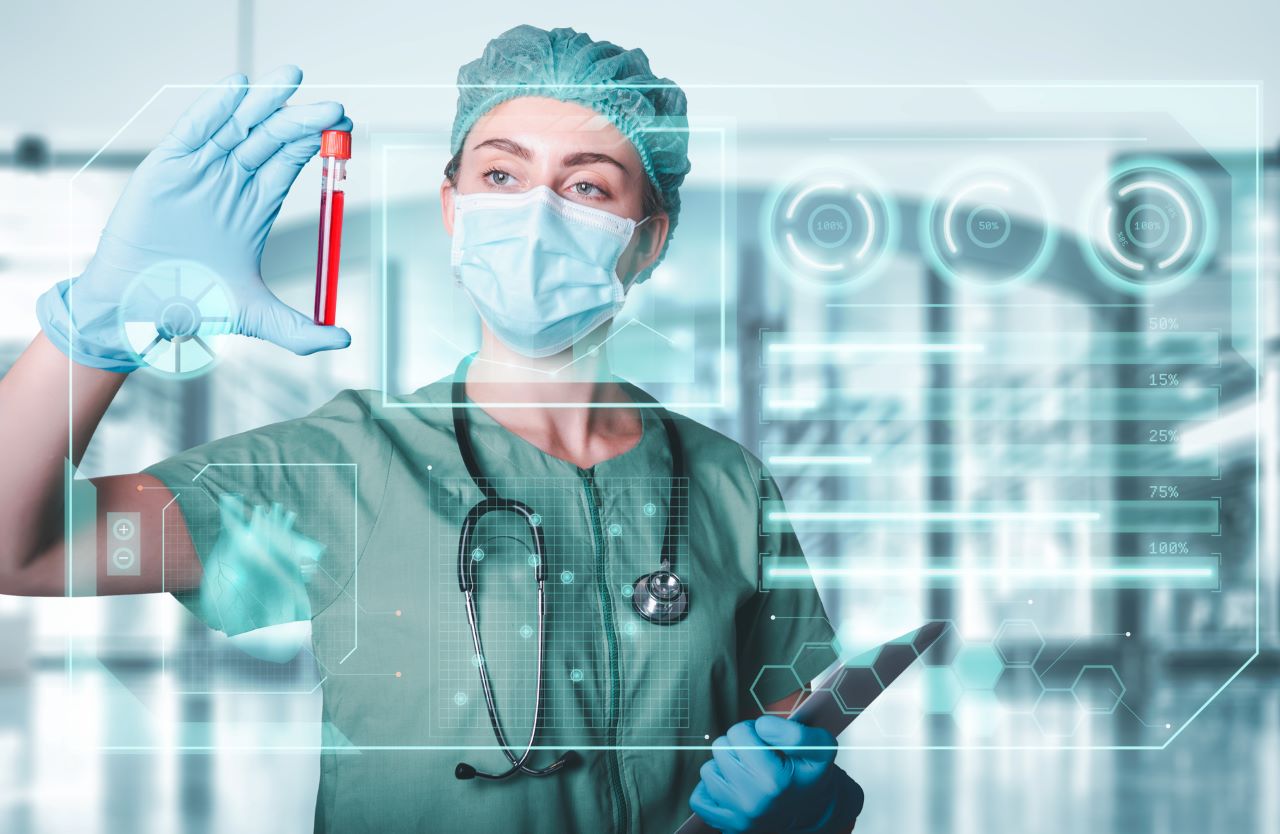 medical personnel holding a clipboard and a vial of blood