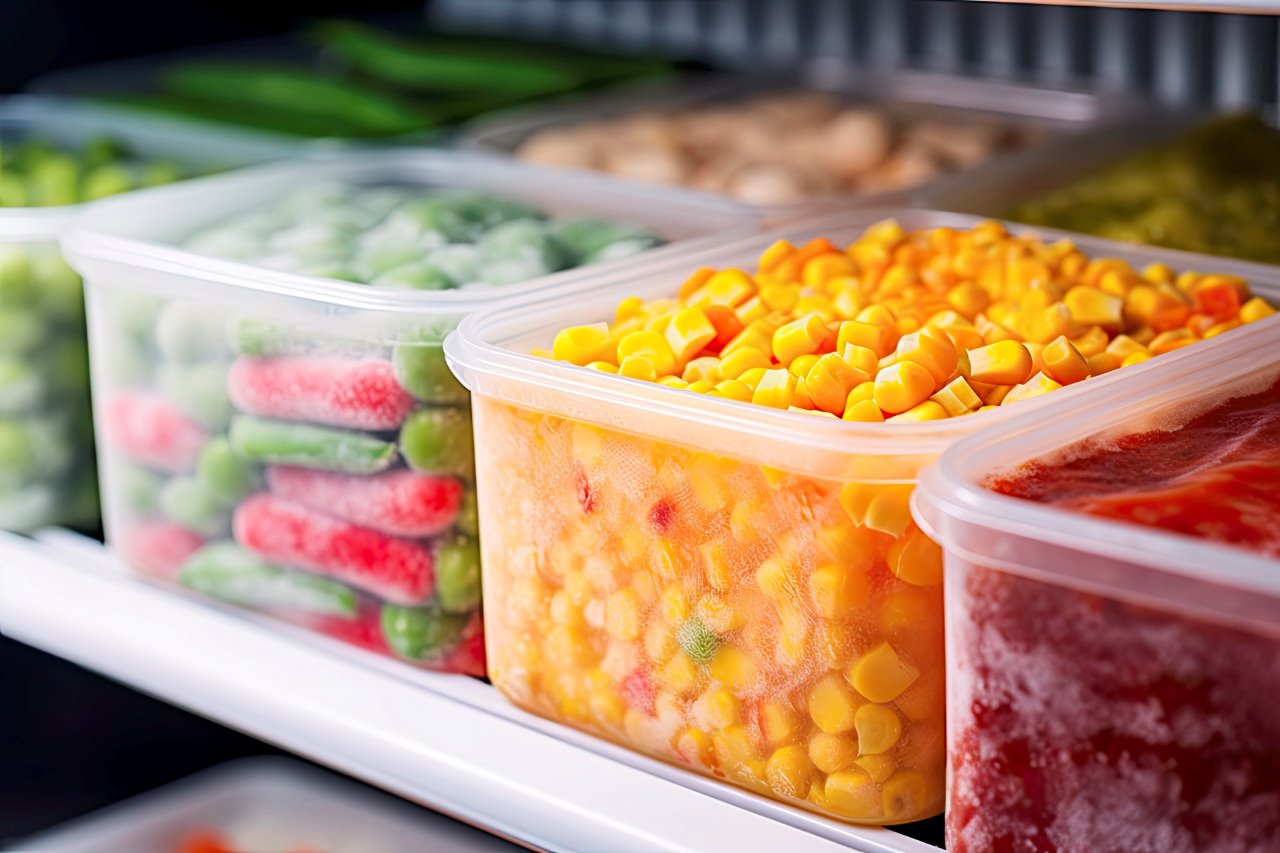 frozen vegetables organized in plastic containers