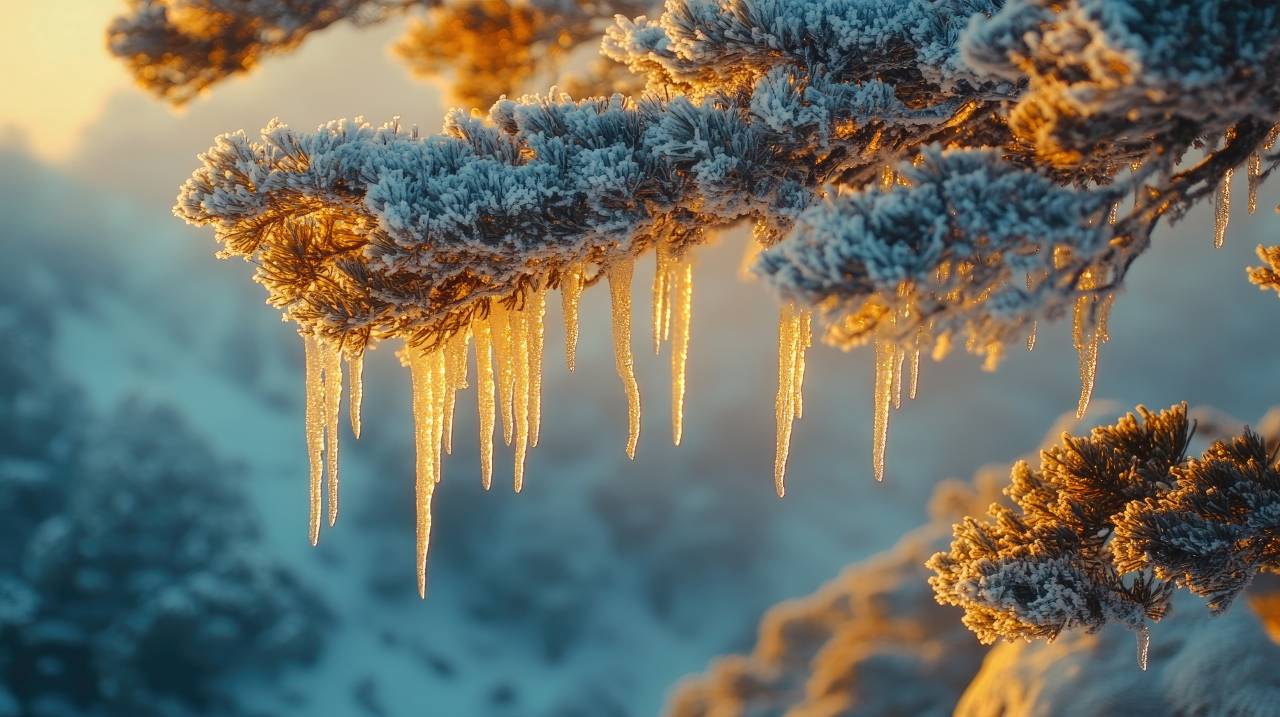 Snow and ice clinging to a pine tree branch on a cold winter day